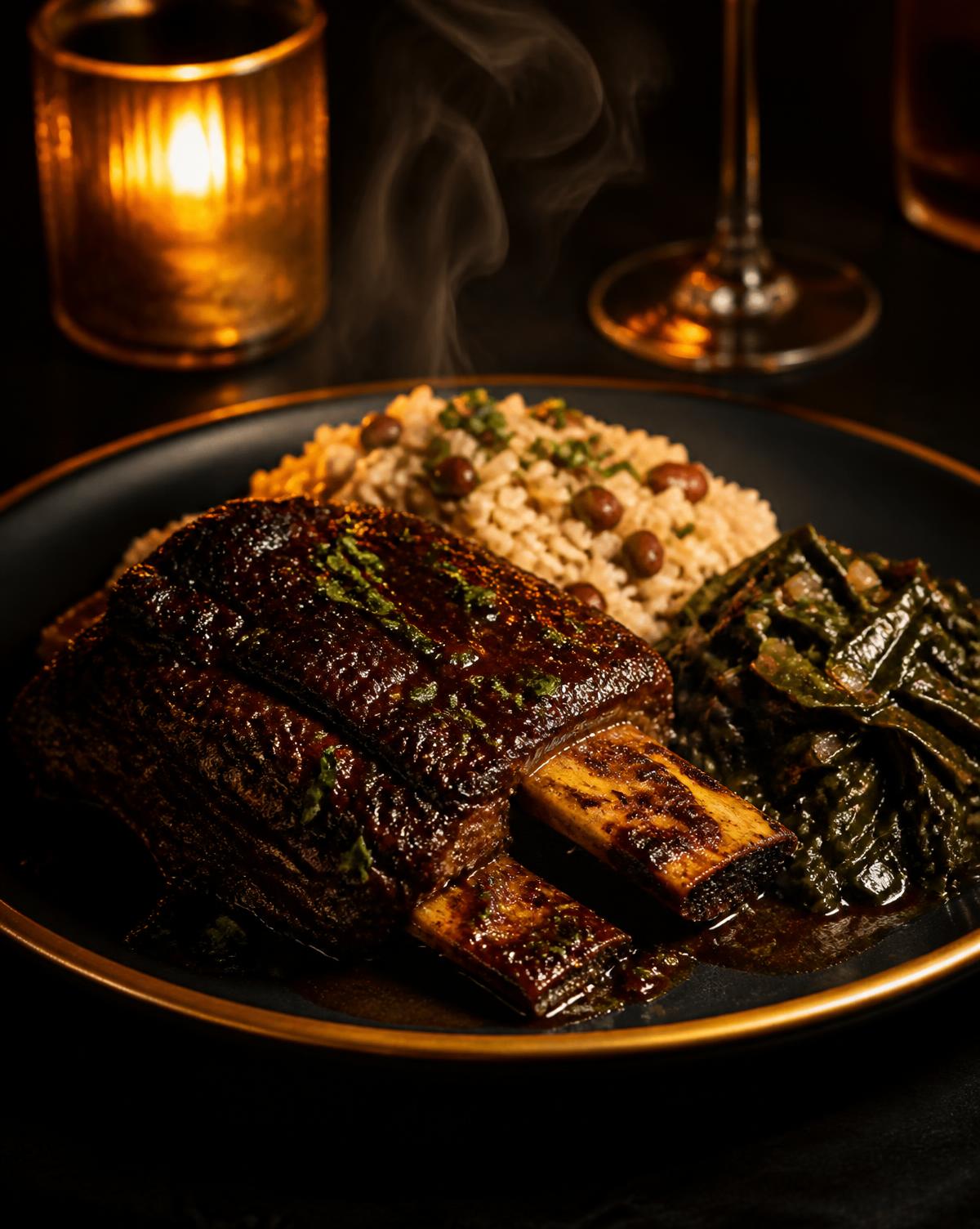 Smoked mojo short ribs with rice and peas and collard greens